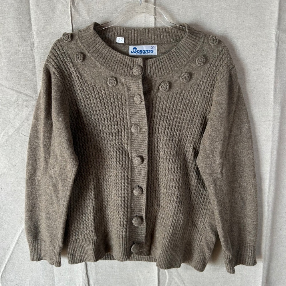Bonanza Lambswool Cardigan Sweater Brown Rosette Floral Button Front Vintage L